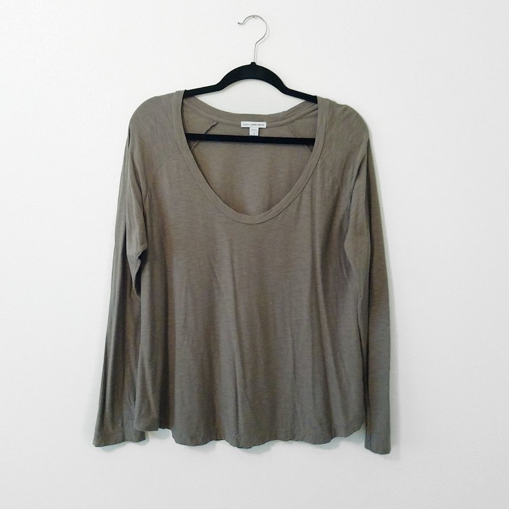 James Perse Cotton Modal Blend Scoopneck Long Sleeve T-Shirt Green Gray